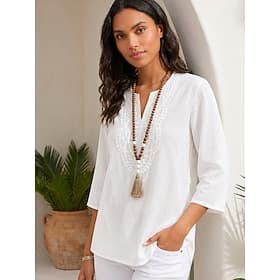 Women's Blouse Lace Solid Color Stylish Casual 3/4 Length Sleeve Notched Neck Regular Tops Casual Daily White Summer Spring
