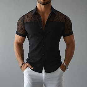 Men Shirt Casual Shirt Button Up Shirt Jacquard Shirt Black Short Sleeve Plain Shirt Collar Casual Daily Lace Clothing Apparel Elegant Fashion Casual thumbnail 2
