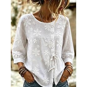 New Year Women's Blouse Lace Solid Color Floral Graphic Vintage Daily Stylish Short Sleeve Crew Neck Long Tops Casual Daily White Summer Spring