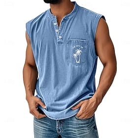 Herren Hemd aus 100 % Baumwolle in Säurewaschung Ärmelloses Shirt Ärmellos Henley Sommer Kokosnuss Lässig Stückgefärbt Verblasst Vintage-Waschung Lässig Täglic