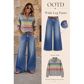 Women's Jeans Wide Leg Fashion Streetwear Casual Full Length Medium Waist Plain Pocket Comfortable Micro-elastic Daily Outdoor Vacation Blue Spring Fall Loose