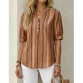 Women's Shirt Blouse Print Striped Elegant Fashion Long Sleeve V Neck Crop Tops Casual Daily Outdoor Black Pink Navy Blue Light Brown Sky Blue Summer Spring
