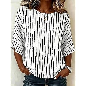 Women's Linen-feel Shirts Blouse Print Graphic Geometric Striped Bohemia Tropical Stylish 3/4 Length Sleeve Half Sleeve Crew Neck Regular Tops Casual Daily Vac