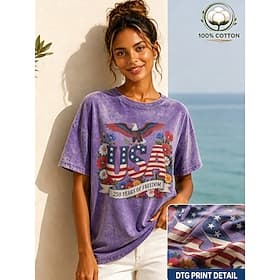 American Independence Day Women's 100% Cotton T Shirt Vintage Washed Tops Print Graphic Letter Vintage Fashion Stylish Short Sleeve Crew Neck Regular Tops Casu
