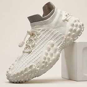Men's White Knit Sock Sneakers, Lace-Up Chunky Sole Sport Shoes, Breathable Lightweight Shoes for Outdoor, Travel, Daily Wear