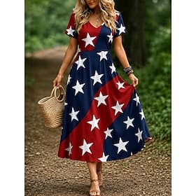 American Independence Day Women's Midi Dress Casual Dress Vacation Holiday Regular Fit Graphic Flag Short Sleeve V Neck Blue Red Summer Spring thumbnail 2