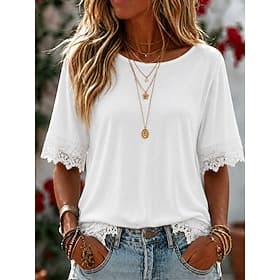 Women's Elegant Lace Splicing Top Lace Patchwork Elegant Bohemia Hawaiian Short Sleeve Crew Neck Long Tops Casual Daily Going out White Summer Spring