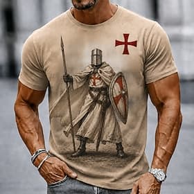 Men's Knights Templar Crusaders Cross T Shirt Short Sleeve T shirt 3D Print Crew Neck Shirt Religious Daily Street Holiday Brown Khaki All Seasons Clothing App