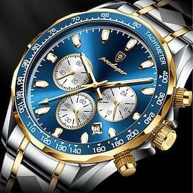 Men's Watches Luxury Chronograph Business Fashion Stainless Steel Waterproof Two Tone Wrist Watch for Men Blue Dial Luminous Date Tachymeter Male Quartz Dress