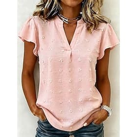 Femmes Chemisier A Volants Couleur Unie Élégant Occasionnel Manche Courte Col en V Hauts Réguliers Occasionnel Quotidien Bleu Noir Blanche Rose Claire bleu mar