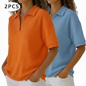 Multi Packs 2pcs Women's Waffle T-shirt Polo Shirts Tee Waffle Knit Tops Plain Fashion Basic Classic Short Sleeve Shirt Collar Regular Tops Casual Daily Beach