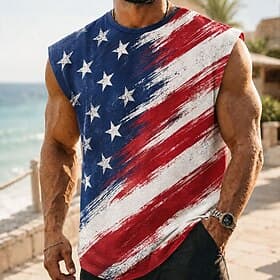 4th of July 2026 250th Men's American US Flag Undershirt Sleeveless T shirt 3D Print Crew Neck Shirt Patriotic Daily Street Red 4 Red 3 Red Spring  Summer Clot