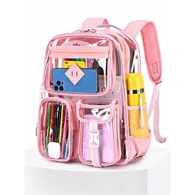 Girls Clear Backpack, Large Capacity Multi Pocket Transparent PVC School Bag, Cute Pink Security Approved Bookbag for Middle High School, Travel, Concert, Dail