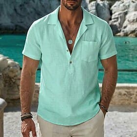 Men Shirt Linen Shirt Summer Shirt Beach Shirt Plain Casual Daily Blue White Pink Green Short Sleeve Camp Collar Summer Spring Clothing Apparel Plain