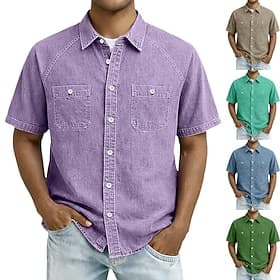 SoftFade™ Herre Skjorte 100% Bomull Casual Skjorte Acid Wash Skjorte Svart Lys Grønn Lilla khaki Militær Grønn Korte Ermer Enfarget Skjorte Krage Casual Daglig
