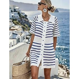 Women's Knee Length Dress A Line Dress Elegant Outdoor Going out Regular Fit Striped Half Sleeve Shirt Collar Blue Summer