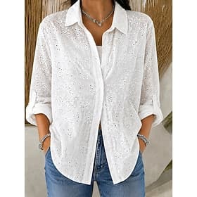 Women's Blouse Embroidered Buttons Solid Color Elegant Casual Long Sleeve Turndown Regular Tops Casual Daily Holiday White Red Purple Green Summer Spring
