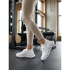 Women's White Breathable Knit Running Shoes – Lightweight Sock Walking Shoes with Shock Absorption Hollow Sole For Jogging, Gym, Fitness Activities  All-Day We