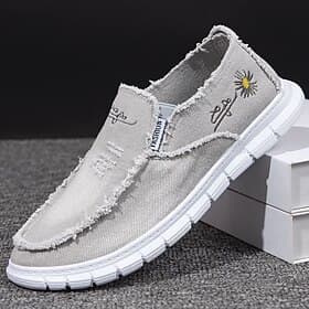 Men's White Distressed Slip-On Shoes – Breathable Lightweight Casual Canvas Loafers, Frayed Street Style Walking Flats for Summer, Travel and Everyday Fashion
