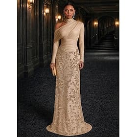 Sheath Column Floor Length Evening Gown Formal Dress Elegant Glittering Sparkle Long Sleeve High Neck Wedding Formal Lace Stretch Satin with Pleats Beaded Eemb