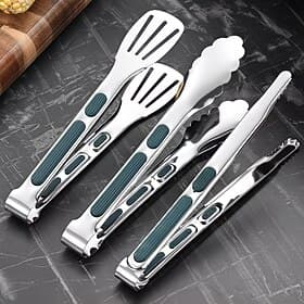 3-Piece Stainless Steel Food Tongs Set, Heat Resistant Non-Slip Silicone Handle Kitchen Serving Tongs, Heavy Duty Reusable Cooking Grilling Tongs, Multifunctio