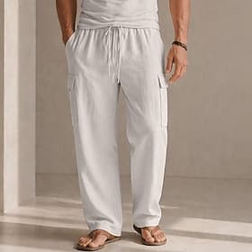Men's Cargo Pants Linen Pants Trousers Summer Pants Drawstring Elastic Waist Multi Pocket Plain Comfort Soft Full Length Daily Outdoor Holiday Fashion Classic