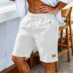 Men's Shorts Linen Shorts Summer Shorts Beach Shorts Drawstring Elastic Waist Zipper Pocket Plain Solid Comfort Soft Short Daily Beach Fashion Chic  Modern Blu