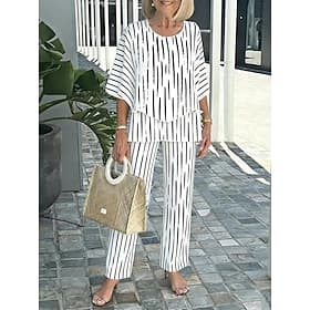 Women's Two Piece Sets Pants Sets Half Sleeve Butterfly Sleeve Round Neck Graphic Geometric Ruffle Print Elegant Vacation Casual Daily Beach White Spring  Summ