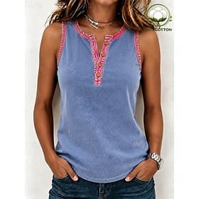 Dame Vasket bomuld 100% Bomull Camisole tanktop Patchwork Knapper Årgang Uden ærmer Almindelige toppe Blå Sommer Forår