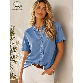 Women's Blouse Solid Color Daily Stylish Basic Short Sleeve Mandarin Collar Regular Tops Casual Daily Blue Summer Spring