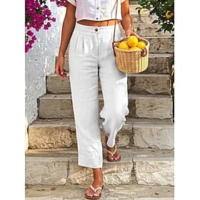 Women's Wide Leg Vacation Vintage Casual Daily Full Length Mid Waist Plain Comfort Inelastic Casual Daily Vacation rice white Black White Green Summer Spring L