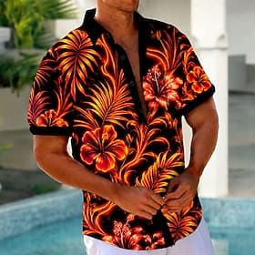 Voor heren Tropische bloemen Palmblad Neon Glow Overhemd Hawaiiaans overhemd Tropische shirts Korte mouw Hawaii Strandvakantie Zomer Lente Strijkijzer 3D-afdru
