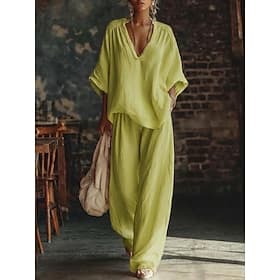 Women's Pants Sets Bolero 3/4 Length Sleeve V Neck Solid Color Fashion Streetwear Casual Daily Outdoor Blue Khaki Black Summer Regular Fit