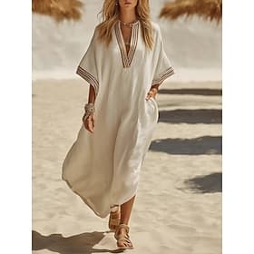 Mujer Vestido maxi Vestido informal Vestido de verano Básico Clásico Diario Vacaciones Holgado Plano Media Manga Escote en Pico Caqui Amarillo Rosa Marrón Oscu