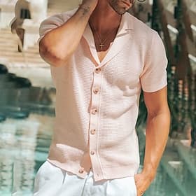 Men's Shirt Casual Shirt Button Up Shirt Jacquard Shirt White khaki Short Sleeve Plain Shirt Collar Casual Daily Buttons Clothing Apparel Elegant Fashion Casua