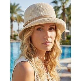 Sombrero de sol bohemio plegable para mujer: elegante sombrero de playa de poliéster tejido para verano, sombrero panamá plegable de ala ancha para vacaciones,