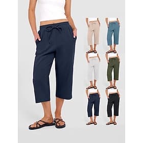 Women's Cotton Capri Pants Straight-Leg Trousers Fashion Streetwear Casual Calf-Length High Waist Plain Pocket Elastic Waistband Comfy Soft Comfortable Stretch