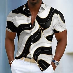 Men's Geometric Waves Abstract Art Shirt Button Up Shirt Short Sleeve Fashion Casual Daily Beach Vacation Wear Summer Spring Turndown 3D Print Linen Like Shirt