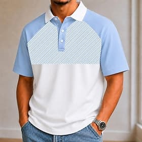 Men's Color Block Geometic Polo Shirts Short Sleeve Polo Shirts Casual School Athleisure Wear to work Holiday 3D Print Buttons Breathable Mesh Spring  Summer B