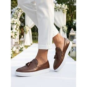 Men's Brown Woven Slip-On Loafers - Lightweight Comfort Casual Dress Shoes - Elegant Footwear for Garden Weddings, Outdoor Receptions, Resort Evenings and Smar
