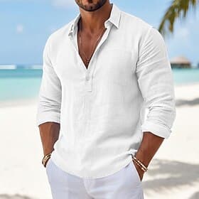 Men Shirt Linen Shirt Summer Shirt Beach Wear Plain Casual Vacation Blue Black White Khaki Long Sleeve Lapel Spring  Summer Summer Clothing Apparel