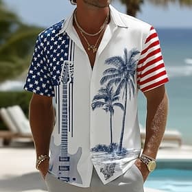 Homme 4 juillet, 250e anniversaire des États-Unis Guitare Drapeau Américain Chemise Chemise d'été Chemises tropicales Manche Courte Patriotique Vacances Fête É