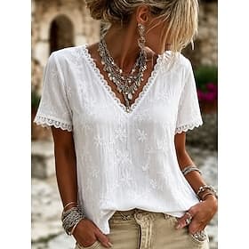 Per donna Camicia Tinta unica Ombre Floreale Elegante Bohemien Vacanza Manica Corta Scollo a V Top lunghi Casuale Bianco Estate Primavera