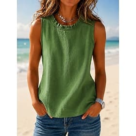 Mujer Chaleco de lino y algodón Textura Volante Color sólido Plano Vintage Sin Mangas Cuello Barco Tops regulares Casual Café marrón Negro Amarillo Verde Trébo