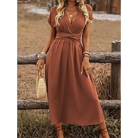 Femmes Robe Midi Robe trapèze Robe d'été Occasionnel Quotidien Coupe régulière Uni Manche Courte Col en V Noir Rouge Marron clair Vert foncé Été Printemps