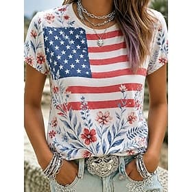 Amerikaanse onafhankelijkheidsdag Dames T-shirt Afdrukken Grafisch Amerikaanse vlag Vintage Modieus Casual Korte mouw Strakke ronde hals Normale tops Casual Da thumbnail 4