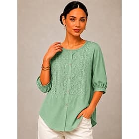Damen Hemd Bestickt Blumen Elegant Bohemien Urlaub Rundhalsausschnitt Lange Oberteile Lässig Täglich Ferien Gelb Purpur Grün Sommer Frühling thumbnail 2