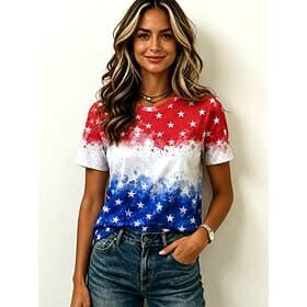 American Independence Day Women's T Shirt Print Graphic American Flag Vintage Stylish Casual Short Sleeve Crew Neck Regular Tops Casual Daily Weekend Blue Whit