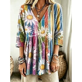 Women's Blouse Ruched Floral Graphic Elegant Stylish Casual 3/4 Length Sleeve V Neck Regular Tops Casual Daily Work Blue Pink Purple Green Summer Spring
