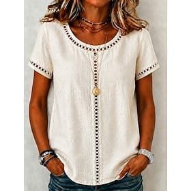 Women's T Shirt Faux Linen Shirt Tee Top Plain Fashion Stylish Classic Sleeveless Short Sleeve Crew Neck Long Tops Casual Daily Going out Blue Black Yellow Pin